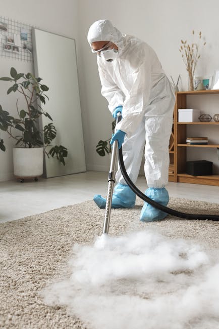 A professional cleaner dressed in full protective white overalls, face mask, and blue gloves, operating a steam cleaning machine on a beige carpet in a living room. The room features a wooden bookshel